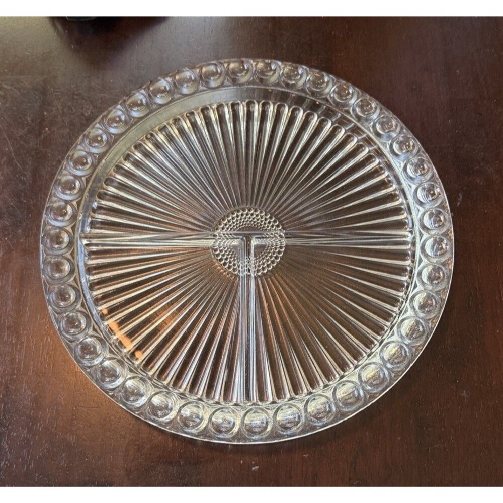 Vintage INDIANA GLASS Clear 3-part Divided Dish Heavy 11” Across